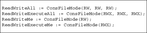 \begin{boxedverbatim}
ReadWriteAll := ConsFileMode(RW, RW, RW);
ReadWriteExecute...
 ...:= ConsFileMode(RW);
ReadWriteExecuteMe := ConsFileMode(RWX);\end{boxedverbatim}