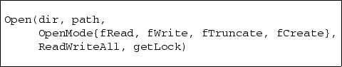 \begin{boxedverbatim}
Open(dir, path,
 OpenMode{fRead, fWrite, fTruncate, fCreate},
 ReadWriteAll, getLock)\end{boxedverbatim}